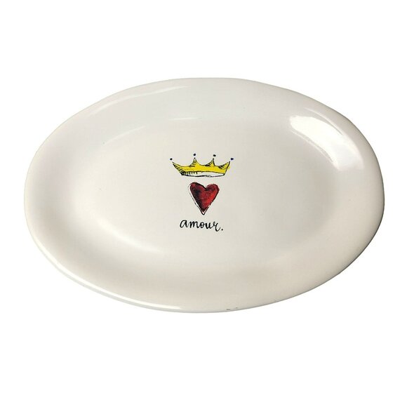 Rae Dunn AMOUR Script Heart Crown Oval Appetizer Snack Dessert Trinket Plate - Picture 1 of 8